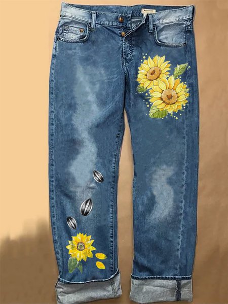 

Womens Sunflower Butterfly Casual Printed Jeans, Blue, Jeans