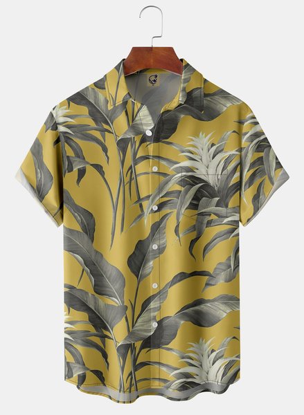 

Tropical Plants Chest Pocket Short Sleeve Hawaiian Shirt, Yellow, Men Shirts