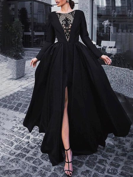 

Elegant Shawl Collar Regular Fit Dress, Black, Maxi Dresses