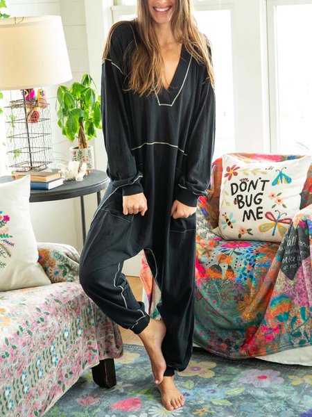 

Casual V Neck Knitted Jumpsuit & Romper, Deep gray, Jumpsuits＆Rompers