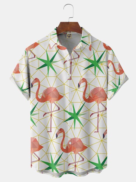 

Flamingo Chest Pocket Short Sleeve Hawaiian Shirt, White, Men Shirts