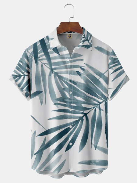 

Plant Leaves Chest Pocket Short Sleeve Hawaiian Shirt, White, Men Shirts