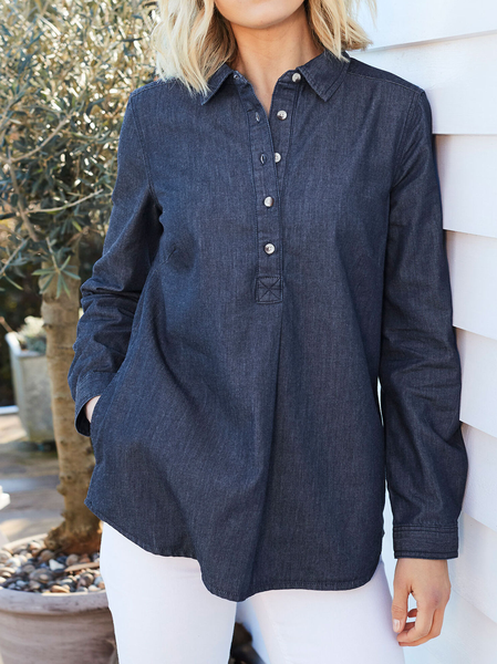 

Denim Shirt Collar Casual Blouse, Denim blue, Shirts & Blouses