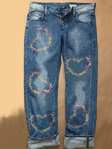 

Womens Valentine's Day Butterfly Casual Printed Jeans, Blue, Jeans
