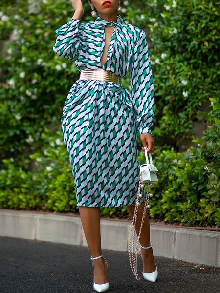

Elegant Regular Fit Geometric Print Dress, Green, Midi Dresses