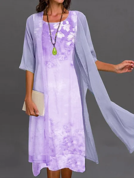 

Women's Shift Dress Midi Dress half Sleeve Floral Print Spring Summer 2PCS V Neck Casual Dress, Lavender, Casual Dresses