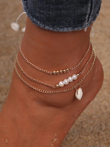 

Boho Beaded Pearl Shell Layered Anklet Beach Vacation Jewelry, Golden, Anklets