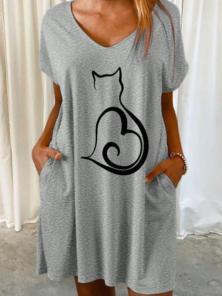 

Women's Lover V Neck Casual Cat Dress, Gray, Dresses