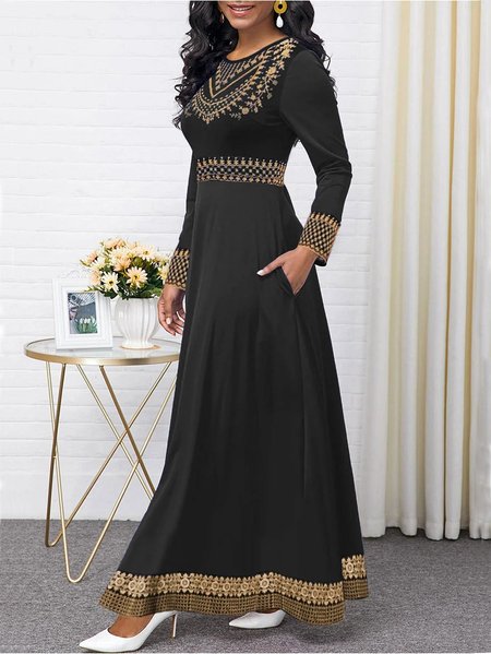 

Casual Crew Neck Regular Fit Dress, Black, Maxi Dresses