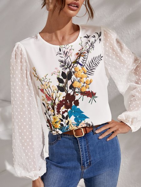 

Floral Regular Fit Casual Crew Neck Top, White, Tops