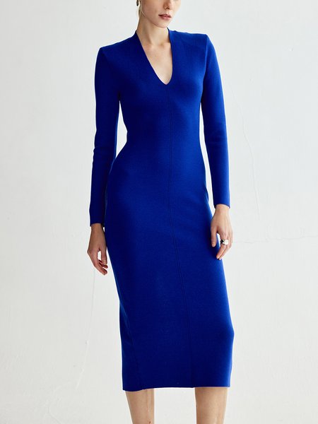 

V Neck Knitted Elegant Plain Long sleeve Micro-Elasticity Dress, Blue, Midi Dresses