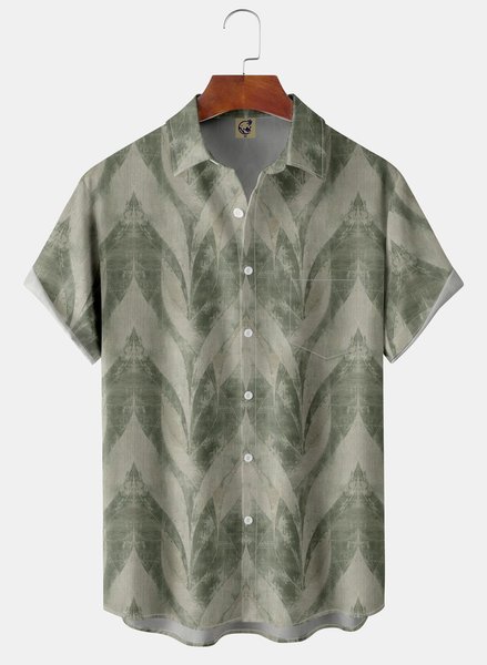 

Leaves Chest Pocket Short Sleeve Casual Shirt, Green, Men Shirts