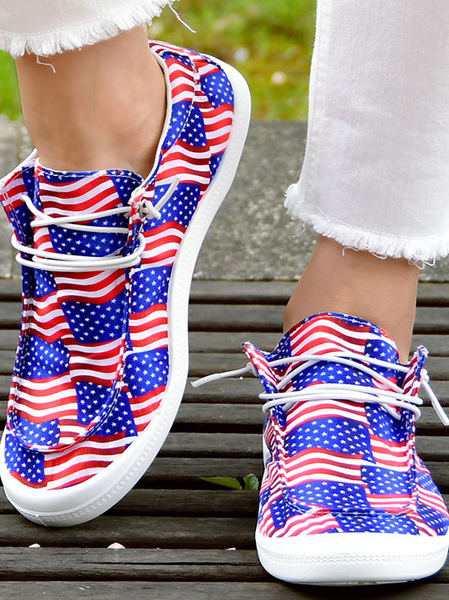 

Striped Star Graphic-Print Denim Lace-Up Canvas Flats, Blue, Sneakers