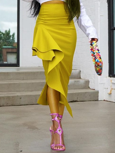 

High Elasticity Urban Tight Midi Skirt, Yellow, Skirts