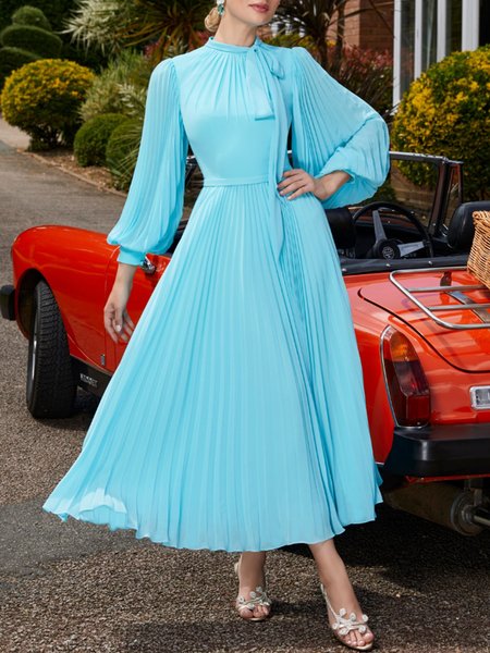 

Plain Elegant Regular Fit Pleated Dress, Blue, Maxi Dresses