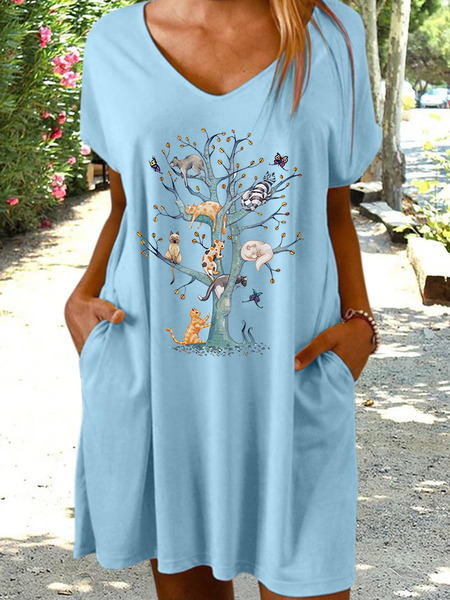 

Women's Funny Cat Tree V Neck Loose Casual Dress, Light blue, Dresses
