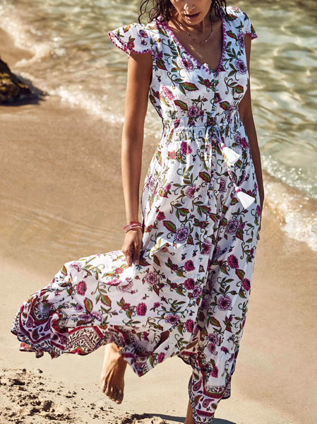 

Floral V Neck Regular Fit Casual Dress, White, Maxi Dresses