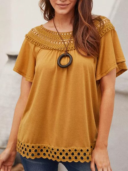 

Plain Lace Ruffled Sleeves Casual Crew Neck Top, Yellow, Shirts & Blouses