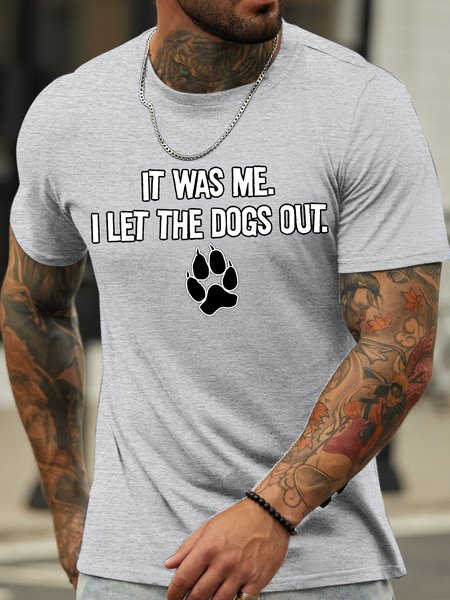 

Men's It Was Me I Let The Dog Out Funny Graphic Print Text Letters Crew Neck Loose Casual T-Shirt, Light gray, T-shirts