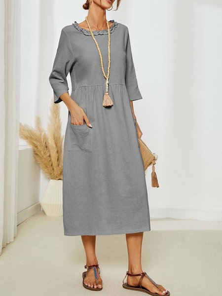 

Casual Cotton-Blend Regular Fit Crew Neck Dress, Gray, Midi Dresses