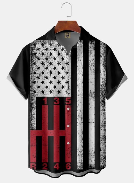 

American Flag Chest Pocket Short Sleeve Casual Shirt, Black, Men Shirts