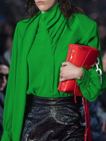 

Elegant Plain Long Sleeve Blouse, Green, Blouses and Shirts