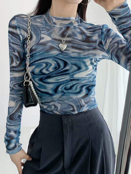 

High Elasticity Tight Stand Collar Urban Abstract Long sleeve T-Shirt, Blue, Tees