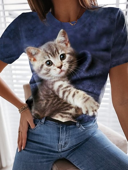 

Cat Casual Animal Crew Neck Regular Fit T-Shirt, Blue, T-Shirts