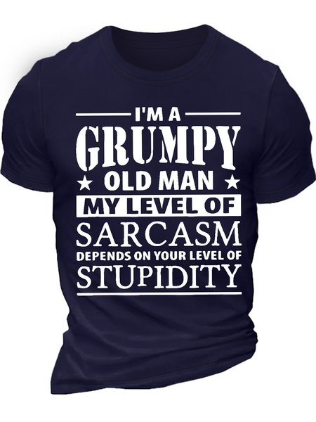

Men's I Am A Grumpy Old Man My Level Of Sarcasm Depends On Your Level Of Stupidity Funny Graphic Print Crew Neck Text Letters Cotton Casual T-Shirt, Purplish blue, T-shirts