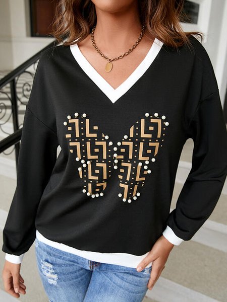 

Butterfly Beaded Loose Casual T-Shirt, Black, T-Shirts