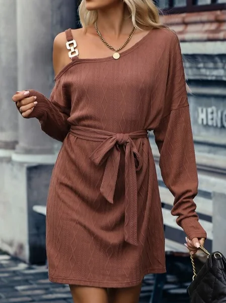 

Casual Cotton-Blend One Shoulder Loose Dress, Coffee, Dresses