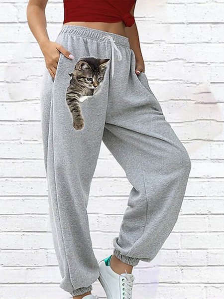 

Cat Casual Loose Drawstring Sweatpants, Gray, Pants