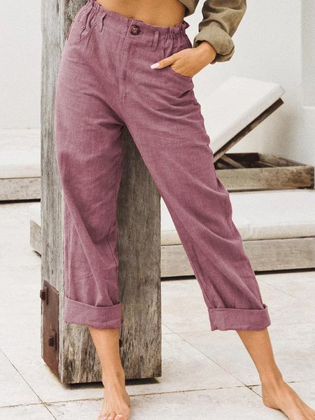 

Casual Plain Linen Pants High Waisted Button Up Straight Trousers with Pockets, Fuchsia, Pants