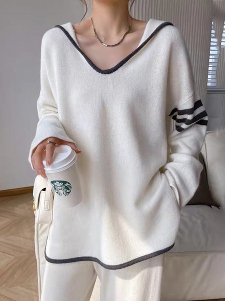

Color Block Hoodie Casual Long Sleeve Loosen Sweater, White, Pullovers