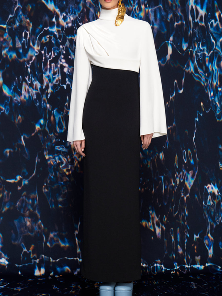 

Half Turtleneck Regular Fit Elegant Color Block Dress, Black-white, Maxi Dresses