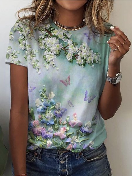 

Casual Crew Neck Floral T-Shirt, Green, T-Shirts