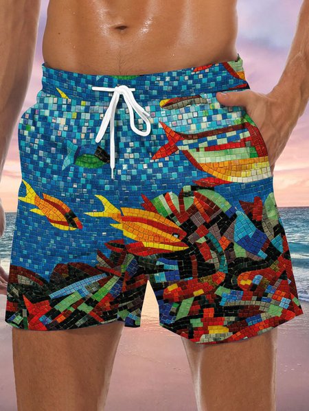 

Marine Life Drawstring Beach Shorts, Blue, Men's shorts