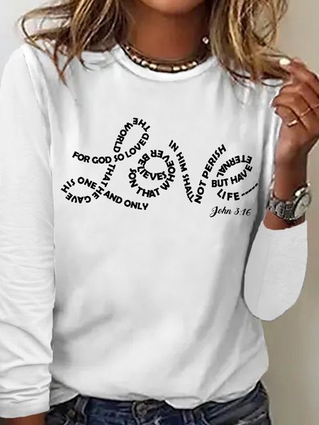 

Women's Love. John 3:16 Crew Neck Casual Top, White, Long sleeves