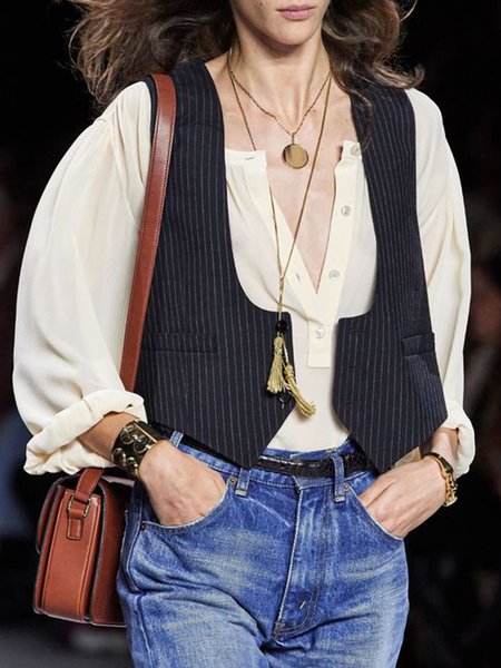 

Urban Sleeveless Loose Striped Vest, Black, Vests and Gilets