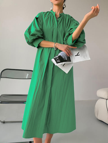 

Puff Sleeve Plain Elegant Regular Fit Stand Collar Dress, Green, Maxi Dresses