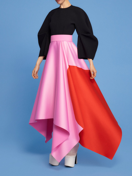 

Crew Neck Elegant Color Block Dress, Black-pink, Maxi Dresses