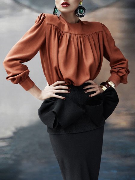 

Long sleeve Plain Regular Fit Crew Neck Elegant Blouse, Orange, Blouses and Shirts