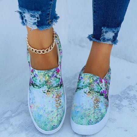 

Floral Graphic-Print Canvas Flat Shoes, Green, Women Shoes