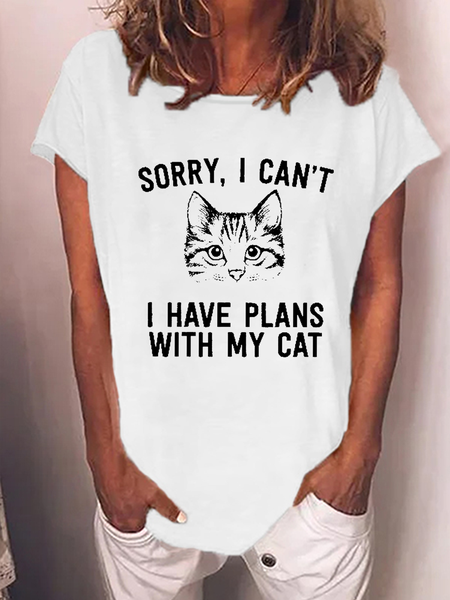 

Women’s Sorry I Can't I Have Plans with My Cat Cotton-Blend Casual T-Shirt, White, T-shirts