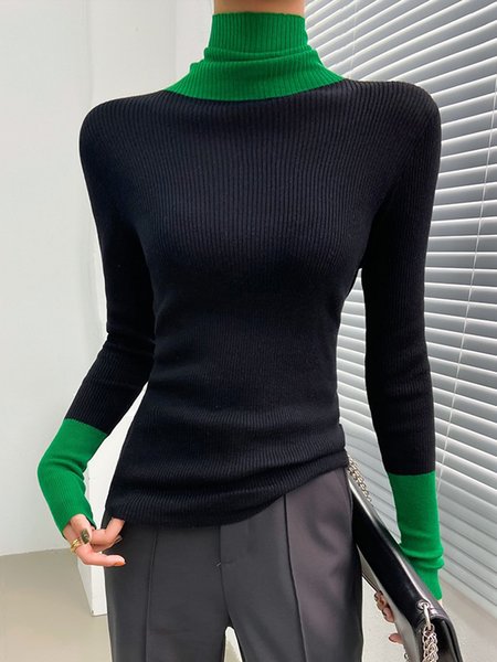 

Turtleneck Urban Regular Fit Color Block Sweater, Black, Pullovers