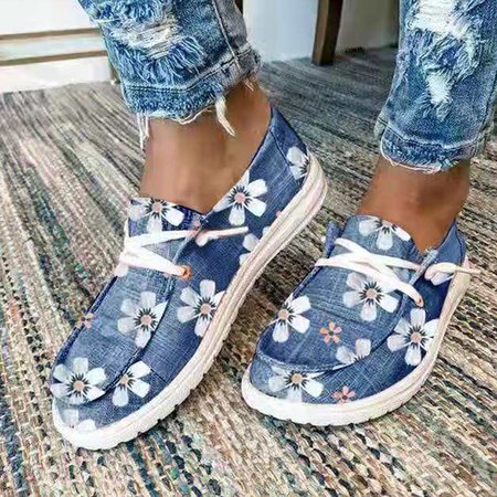 

Striped Color Block Denim Lace-Up Canvas Flats, Flower, Sneakers