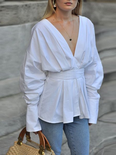 

Regular Fit Casual Plain V Neck Long sleeve Blouse, White, Blouses and Shirts