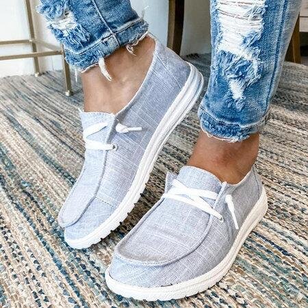 

Plain Denim Lace-Up Canvas Flats, Gray, Women Shoes