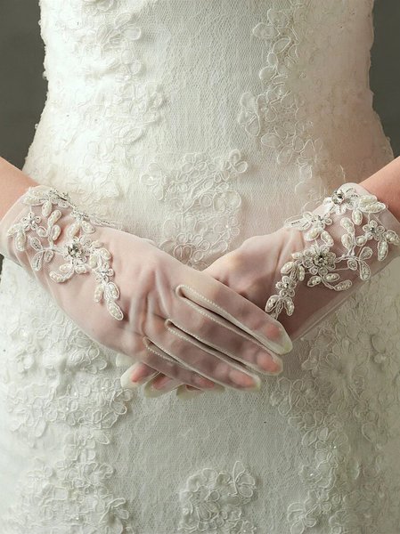 

Silk Floral Pattern Beaded Gloves Party Valentines Day Wedding Dress Accessories, White, Women Gloves