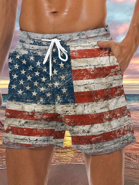 

American Flag Drawstring Beach Shorts, Red, Men's shorts
